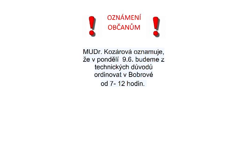 Aktuality - MUDr. Kozárová oznamuje